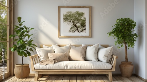A modern living room with Japandi aesthetics, showcasing a beige sofa and chair against a clean, white wall.