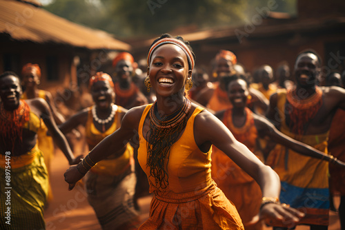 African women and men are dancing a traditional dance of Africa, black history month