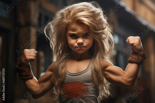 Little muscular girl bodybuilder shows biceps