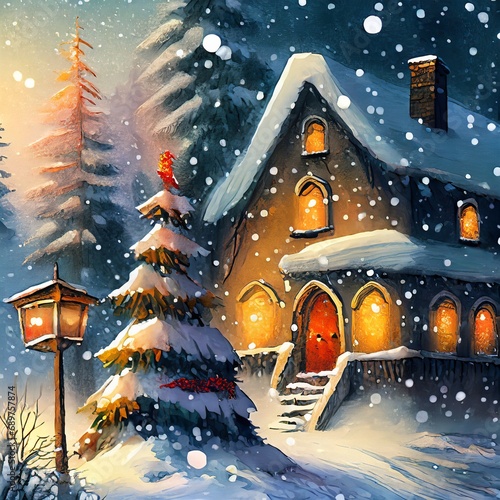 Casa chaminé árvore de natal neve