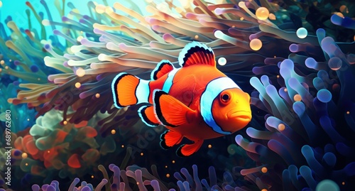  a painting of a clown fish swimming in an ocean with anemone and anemone anemone.