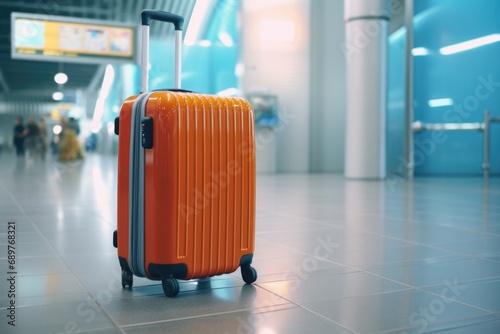 An orange suitcase sitting on a tiled floor. Suitable for travel-related concepts or depicting a journey.
