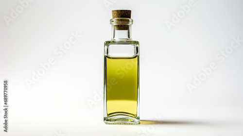 Petite bouteille d'huile d'olive, de colza sur fond blanc. Petit flacon en verre et bouchon en liège. Nourriture, oméga, sain. Pour conception et création graphique.