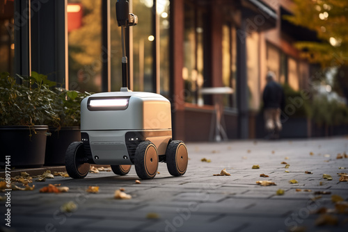 Autonomous delivery robot on the street. Concept of future, technology, unmanned courier robot.