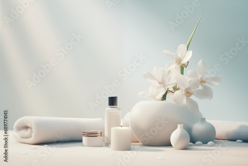 Spa accessory composition set in day spa hotel , beauty wellness center . Spa product are placed in luxury spa resort room , ready for massage therapy from professional service. Copy space.