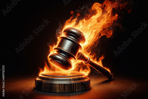 Harsh judge sentence metaphor, burning gavel, a small wooden hammer used by the judge