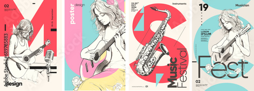 The girl plays the guitar. Simple pencil drawing. Set of vector illustrations.Typographic poster design and vectorized illustrations on background.