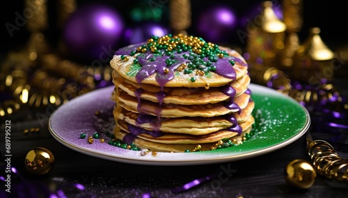 A stack of pancakes decorated in Mardi Gras style with green, gold, and purple sugar sprinkles, set against a backdrop of decorations and gold beads.