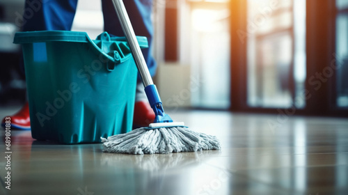 copy space, stockphoto, people Mopping an Office Floor, Mop Close-Up, Cleaner Cleans the Floors. Professional cleaning team cleaning floor in an office or business building.