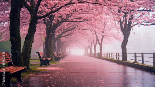 Blooming cherry blossom urban landscape. Empty alley for relaxing walk with benches and falling petals. Romantic AI generated illustration.