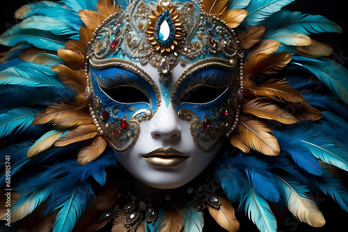 Chic carnival mask is decorated with stones and multi-colored feathers. Venetian mask