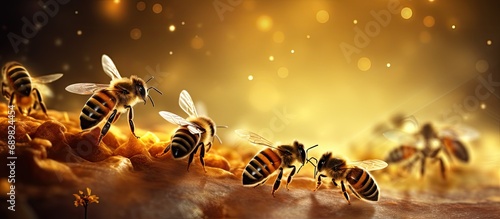 A group of bees flying around a beehive Busy Bees Buzzing Around Their Honeycomb Home. Copyspace image. Square banner. Header for website template