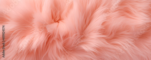 Close-up shot of peach fuzz soft fluffy long-haired colored fur. Banner with trending color of the year 2024. Flat lay horizontal background. Fancy backdrop for party invitation.