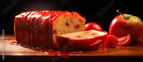Apple cake pieces red dough made with tomato paste side view close up. Copyspace image. Square banner. Header for website template
