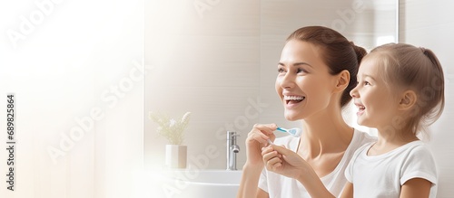 Dental care father with daughter brush their teeth and in bathroom of their home Oral hygiene routine parent with child use toothbrush for health and wellness mouth protection in the morning