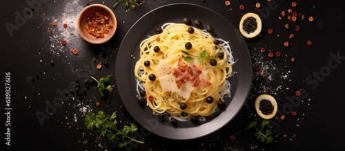 Delicious spaghetti alla carbonara a traditional roman recipe of pasta topped with egg pecorino and black pepper sauce italian food. Copyspace image. Square banner. Header for website template