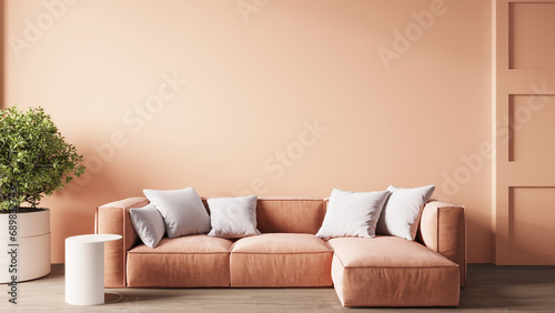 Livingroom in trend Peach fuzz color 2024 year. A pastel wall accent paint background. peach beige ivory shades of room interior design. White creamy luxury furniture and pillows. 3d render 