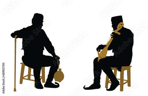Traditional wear folklore Serbia old man sitting on chair with stick vector silhouette isolated. Balkan culture, grandfather veteran warrior vintage heritage dress listening guslar play gusle music. 