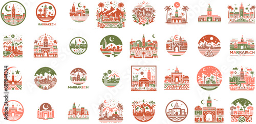 Moroccan Landmarks Marrakech Vector Silhouette Icons and Pictograms Set