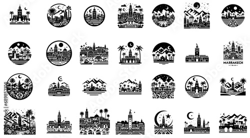 Marrakech City Skyline Vector Silhouette Outlines Icons and Pictograms Set