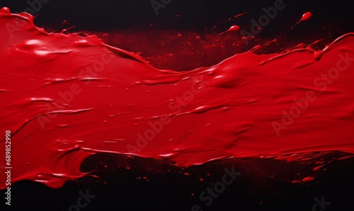 A bold red paint splash with a striking contrast against a black background, creating an abstract design.