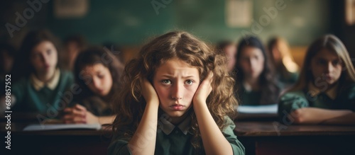 Anxious girl, bored students in class, focusing on education.