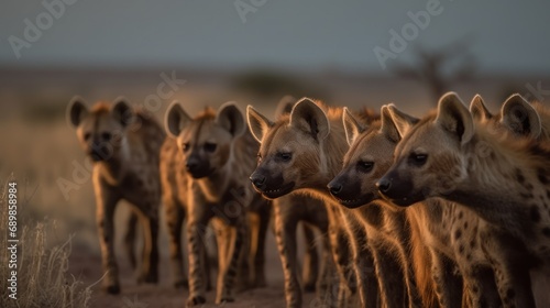 Spotted hyena (Crocuta crocuta) in the savanna. Wilderness. Wildlife Concept.