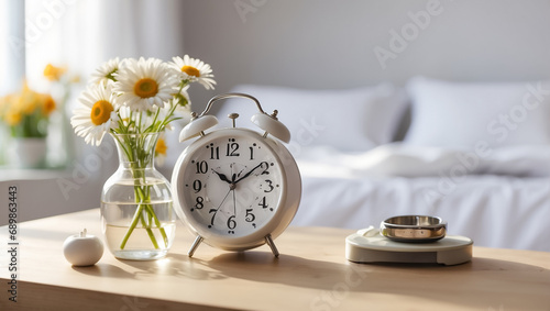 Round clock alarm clock in the bedroom, flowers timemorning