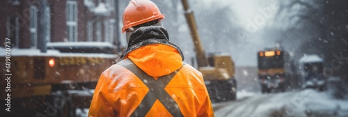 Braving Winter Elements: Hard Hat Worker with Orange Vest at Site