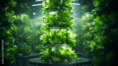 lettuce growing vertically in a hydroponic tower, illustrating the effectiveness of using nutrient-rich water for plant growth Emphasize.
