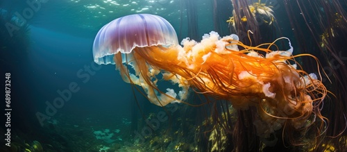 A large stinging jellyfish called Lion's mane (Cyanea capillata) swims near a Monterey kelp forest, its tentacles growing over 100 ft.