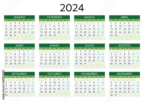 2024 portuguese calendar. Simple vector template illustration for Portugal. Horizontal.