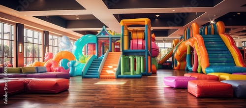 Colorful indoor children's play area with inflatable playground and safety net.