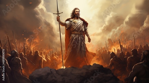 Biblical King David in the battlefield. Christian illustration. Old testament concept