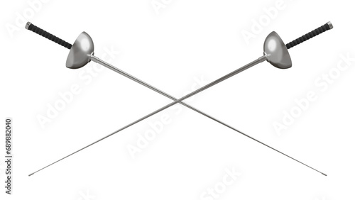 Crossed fencing swords or epees with black handles isolated on transparent and white background, Fencing concept. 3D render