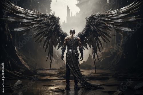 Warrior angel after the battle with massive wings. rear view