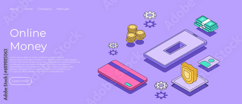 Personal online banking and internet money transaction. Online Mobile Banking and Internet banking isometric design concept. Financial management online service accumulation and investment of funds