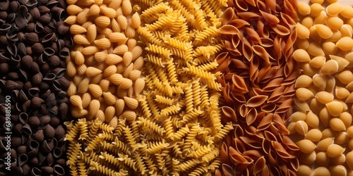 Different types of dried pasta macro. Natural dietary product. Healthy eating