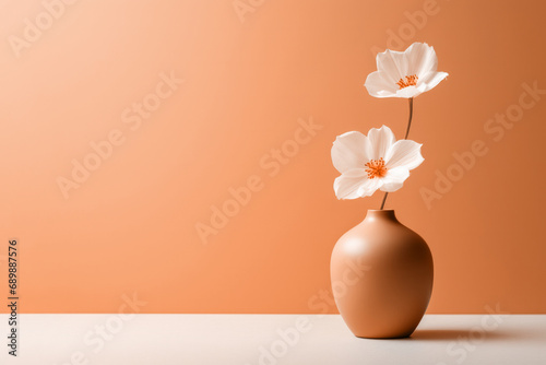 Two white anemone flowers in a peach fuzz color vase on minimal background. Modern trendy tone hue shade