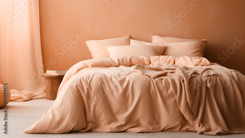 A cozy bedroom with a bed dressed in soft peach fuzz color bedding. Modern trendy tone hue shade