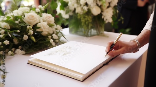 Guests engage in signing a guestbook or expressing heartfelt well-wishes for the couple, contributing to the joy and creating lasting memories of the celebration.