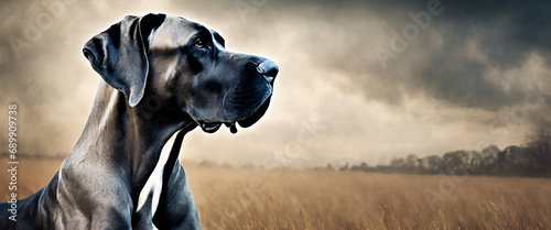 Majestic Great Dane: Tranquil Outdoor Portrait in Nature's Fog