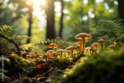 Fairytale hallucinogenic mushrooms growing in green moss in sunny magical forest.