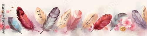 A long horizontal banner for Easter. Easter card with bed-colored eggs and feathers with a copy of the place for the text. Festive background.