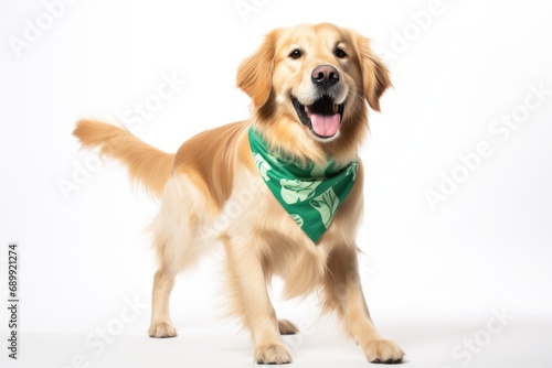 A dog wearing a green bandana standing in front of a white background.