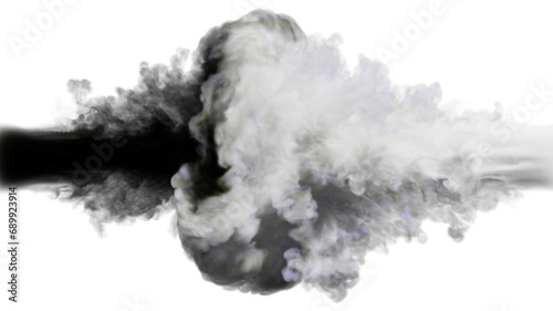 Puffs of black and grey smoke collide against a white background. 3d illustration. 
