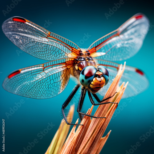  Close-up of a dragonfly on a reed, with its wings in sharp focus. The style is macro photography. The lighting is natural and bright. The colors are vibrant, with a focus on the dragonflyâ€™s wings