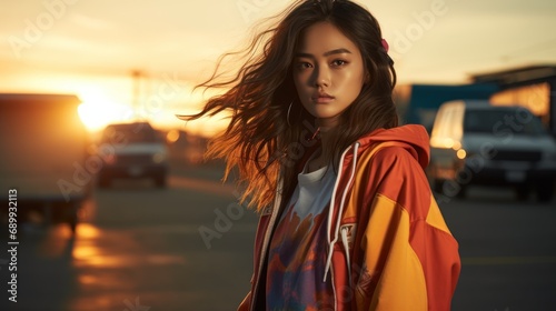 an East Asian woman, edgy street style, wearing a neon windbreaker, cargo pants, platform shoes, holding a skateboard in a skate park at sunset
