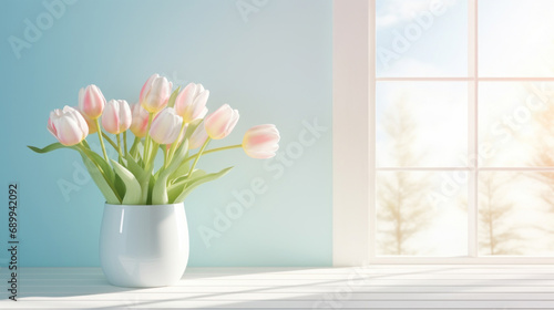 Bouquet of tulips in a vase on the windowsill.