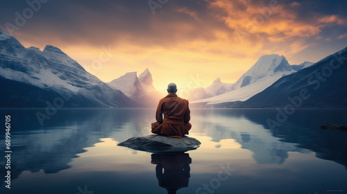 Monk Meditating Alone in Nature